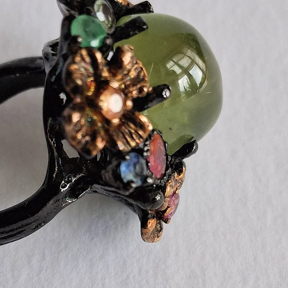 ANELLO ARG. STERLING 925 BRUNITO CON PRENITE, TORMALINE E SMERALDI NATURALI - Immagine 3 di 4