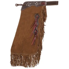 Cedarwood Nutmeg Suede Leather Chinks Chaps Chocolate Tooled Accents Fringe NEW