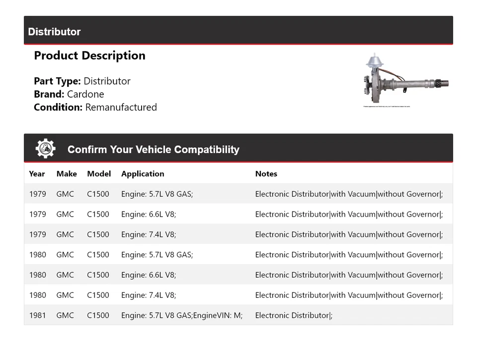 Para 1979-1981 GMC C1500 Distribuidor Cardone 1980 - Imagem 2 de 4