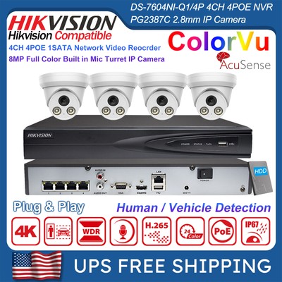 Hikvision 4Channel 4POE 4K NVR 8MP Full Color MIC CCTV Security System Kit Lot