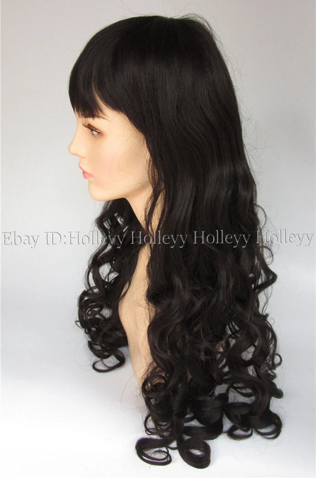 Peluca larga marrón onda rizada cabello sintético flequillo completo mujeres niñas disfraces peluca completa Foto 2 de 4