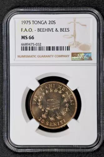1975 Tonga Commemorative, Cu-Ni 20 Seniti - FAO Beehive & Bees - NGC MS 66