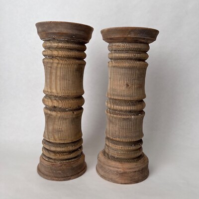 Pair Vintage Pillar Candle Holders 11'' Solid Wood Hand Turned Heavy Rustic