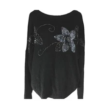 Amanda Smith Sweater Black Silk Angora Long Sleeve Beaded Sequin Flowers 42-22W