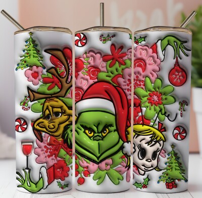 CHRISTMAS THE GRINCH CINDY LOU 3D EFFECT 20oz Skinny Insulated Tumbler Lid Straw