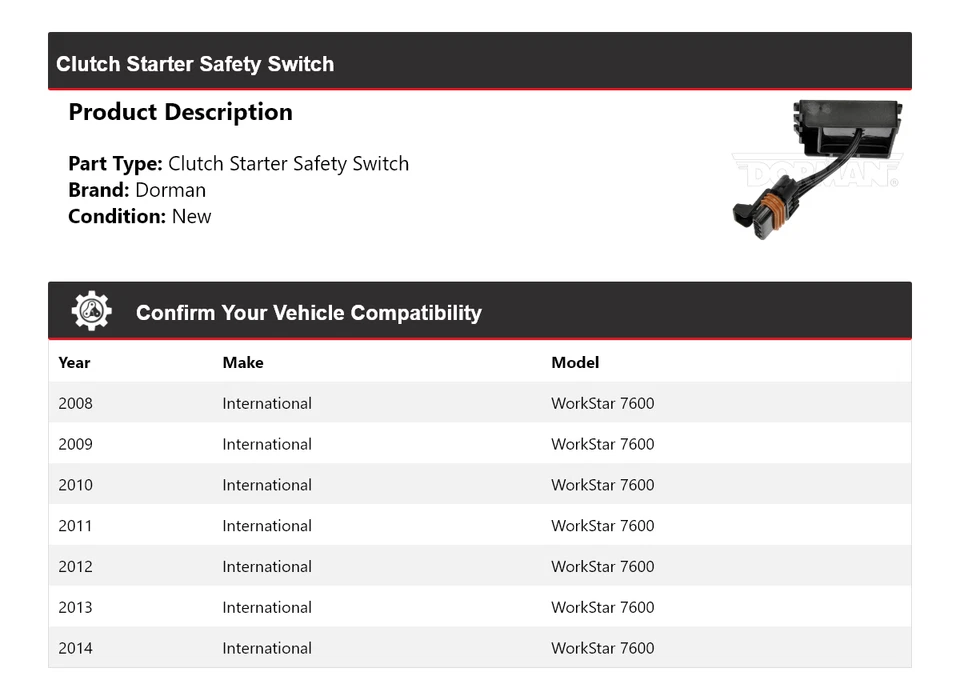 For 2008-2014 International WorkStar 7600 Dorman Clutch Starter Safety Switch - Image 2 of 4