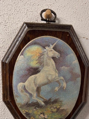 Vintage 1980's Wood Unicorn Fantasy Shimmer Wall Plaque 7x5 inches