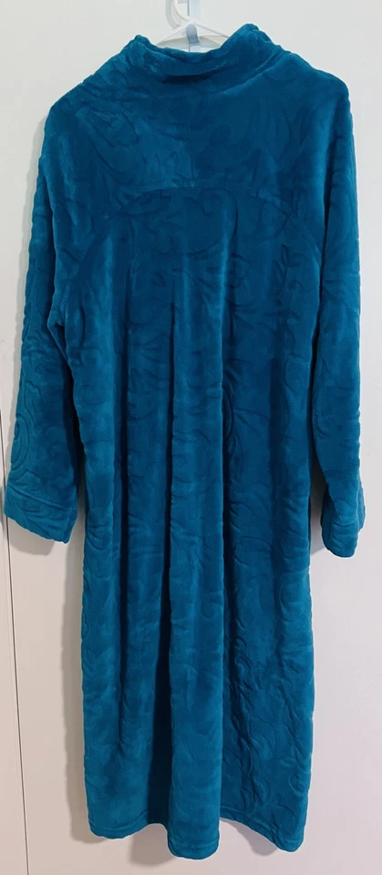 Miss Elaine Essentials 丝绒拉链前长袍女式 XL 码蓝绿色柔软毛绒  — 第 3/4 张图片