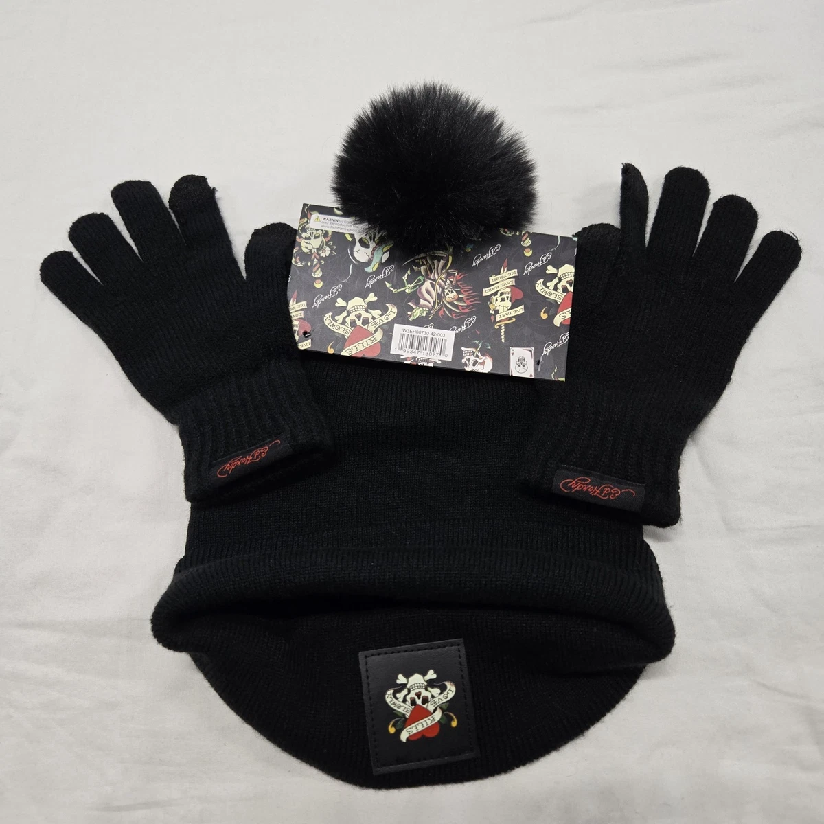 Ed Hardy Black Pom-Pom Hat and Gloves Set NWT Ed Hardy Beanie Hats for Women for sale | eBay main image 2