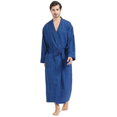 Bathrobe Mens 100% Cotton Long Check Mens Dressing Gown Lightweight Somm...