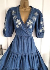 MONSOON Denim Dress 12 Embroidered Short Sleeved Tiered Flared