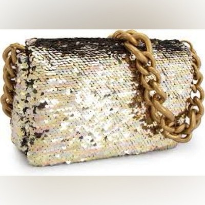 Zara Gold Sequin Clutch / Shoulder Bag with Thick Gold Chain Strap 