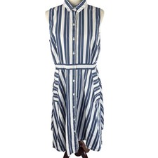 ANN TAYLOR FACTORY SLEEVELESS STRIPED SHIRT DRESS IN WHITE PRE-OWNED SIZE 14