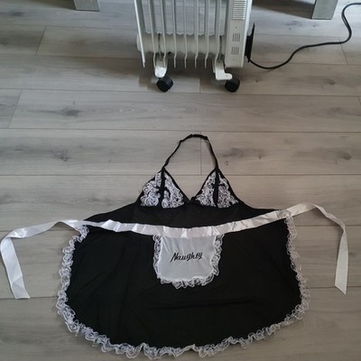 Ann Summers Sheer Black Mesh & Lace Peephole Maid Apron & Headband Set Sz Mdm 