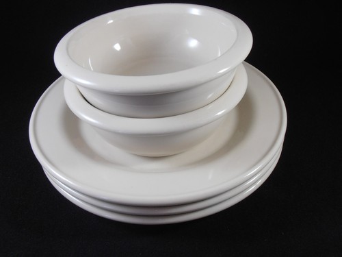 5 Pcs Roseville Spongeware Stoneware Pottery White 2 Cereal Bowl 3 Dinner Plate