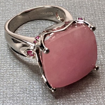 925 Sterling Cocktail Ring Sz 9 Bezel Set Cushion Cut Rose Quartz W Ruby Accents