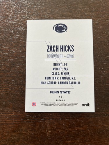 Zach Hicks Rookie Card SP 2024 OnIt #P-2 Silver Holofoil Penn State Basketball - Picture 4 of 4