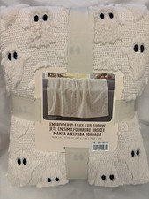 NWT Costco Halloween Faux Fur Throw Blanket white cream ghosts viral Tik Tok