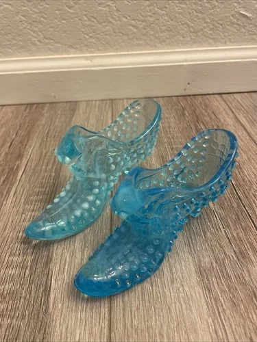 Lot Of 2 Fenton Glass Hobnail Cat Head Slippers, Light Blue And Darker Blue