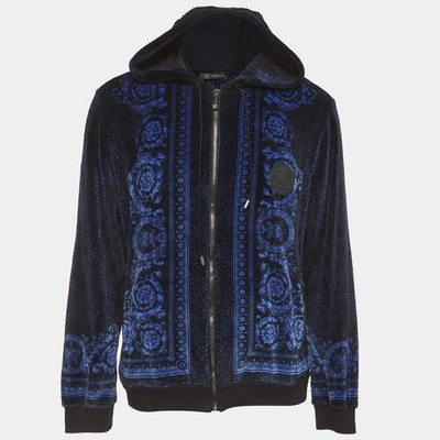 VERSACE ヴェルサーチ ジップアップジャケット ネイビー Versace Blue Jacquard Velvet Leather Trim Zip Front Hoodie L | eBay