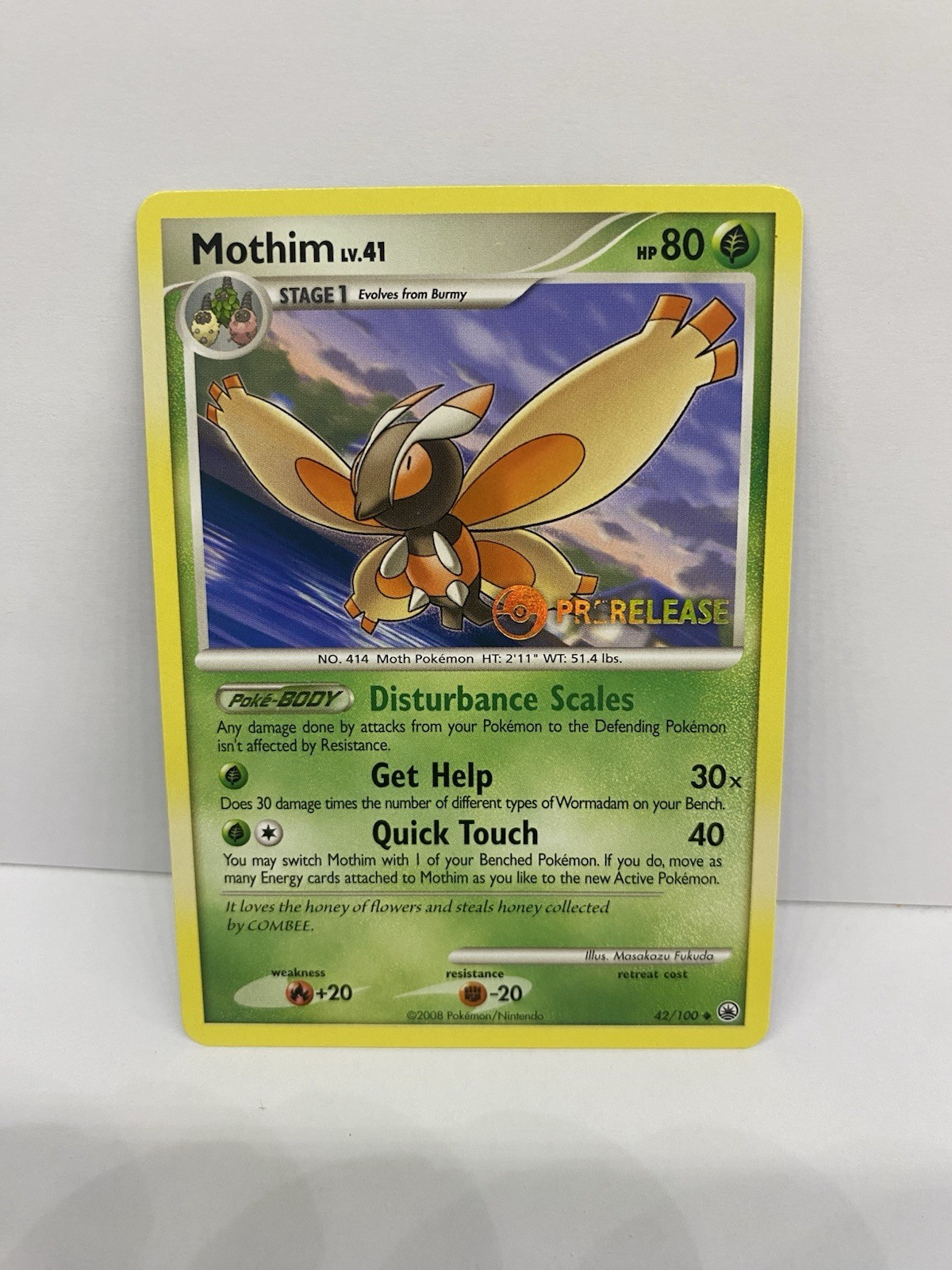 Pokemon Card 2008 MOTHIM Rare PRERELEASE Stamped Promo 42/100 Majestic Dawn NM