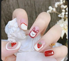 Short Square French Acrylic Press-On Nails White Red Pink Strawberry