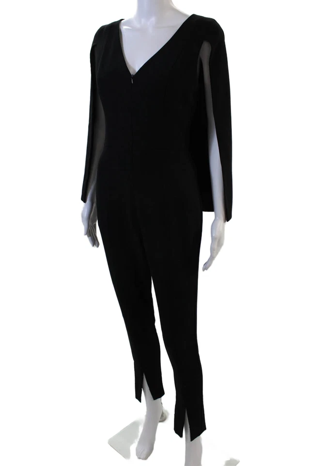 Black Halo Womens V-Neck Full Front Zipped Sleeveless Back Cape Jumpsuit Black 2 - Image 2 of 4