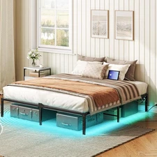 HOOBRO Bed Frame with Charging Station and LED Lights Headboard for Bedroom