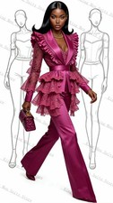 Pink Satin Lace Women Suit Set 2 Pcs Blazer Pants Trousers Customized Formal