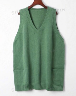 Green Plus Size Solid Color Casual Sweater Knit Vest Top 2X