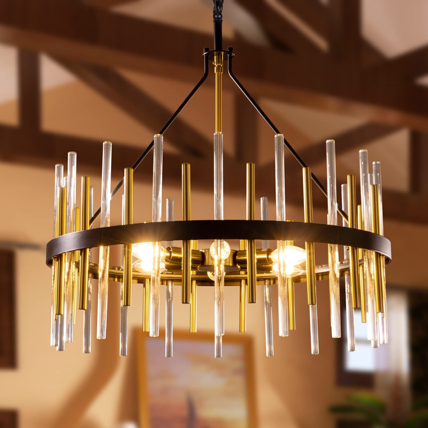 Drum Style Chandelier w/ Black & Gold, Glass, Metal Modern Rustic Lodge Style