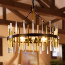 Drum Style Chandelier w/ Black & Gold, Glass, Metal Modern Rustic Lodge Style