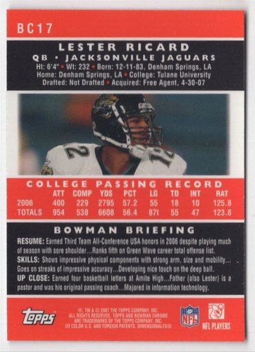 2007 BOWMAN CHROME ROOKIE Lester Ricard Rookie Jacksonville Jaguars #BC17 - Picture 2 of 2