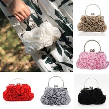 Femme Fleur Pochette Main Cousu 14 Roses Satin Faux Soie Sac à Main Mariage