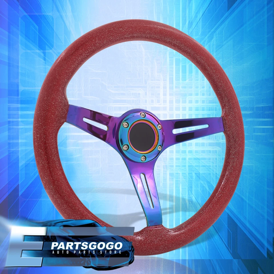 Universal 350mm 14" Metallic Red Wood Neo Chrome Steel Deep Dish Steering Wheel Foto 3 de 4