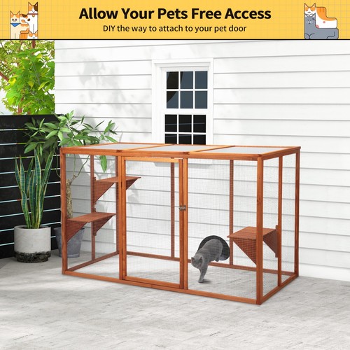 Outdoor Cat House Wood Cat Catio with Platforms Lockable Enter Door Orange - Picture 7 of 7