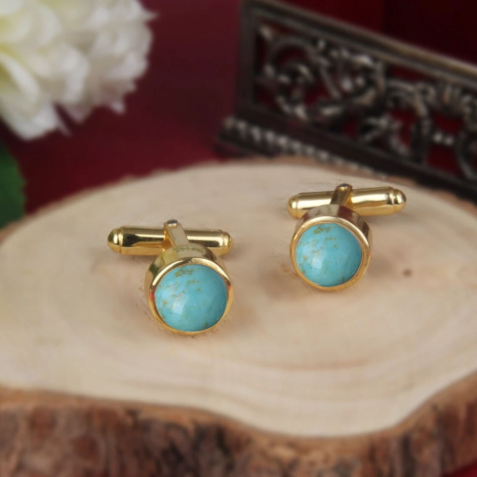 Gemelos de piedras preciosas de plata de ley 925 turquesa Kingman forma redonda para hombre Foto 2 de 4