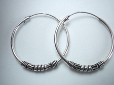 Bali Hoop Earrings 925 Sterling Silver with 5 Decorative Accents 28 mm