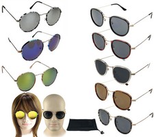Classic Casual Round Sunglasses Thin Metal Frame Grey Blue Silver Mirror