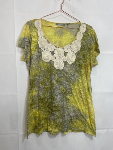 NY Collection Women's XL Yellow &Gray Burn Out Embroidery Rolled Roses T-Shirt - Picture 12 of 24