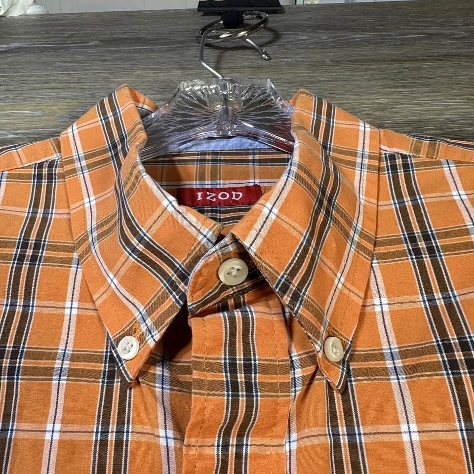 Camisa de vestir Izod talla grande naranja a cuadros con botones logotipo bolsillo Foto 4 de 4