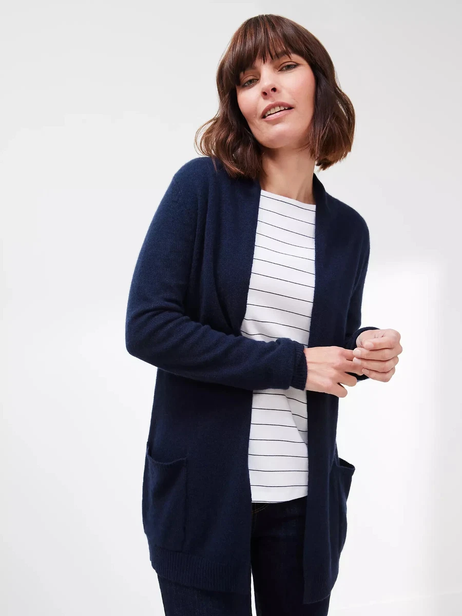 John Lewis Pure Cashmere Cardigan Small Navy Longline Plain