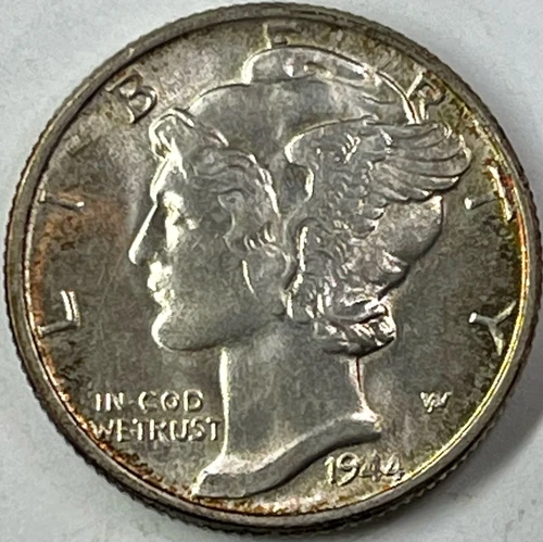 1944-P Mercury Dime Gem UNC  Iridescent Yellow on Obverse