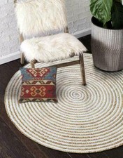 Rug Jute  Cotton Natural Braided Reversible Floor Carpet Area Rug White Beige