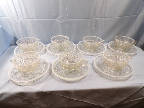 Lot of 7 Anchor Hocking Opalescent Glass Moonstone Hobnail Cup & Saucer Sets