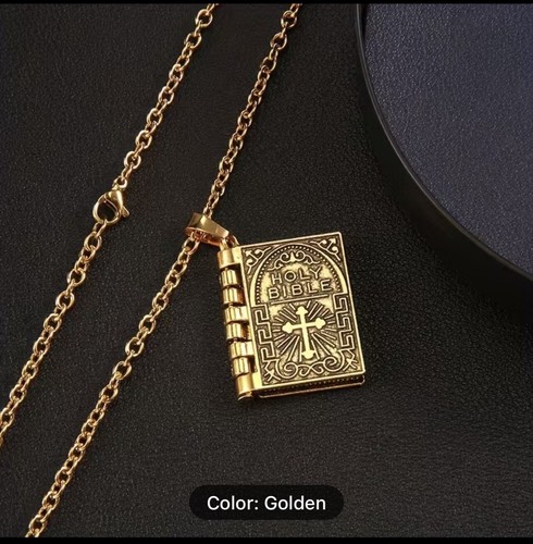 NEW Gold Tone Holy Bible Pendant Necklace Moveable Pages NIB