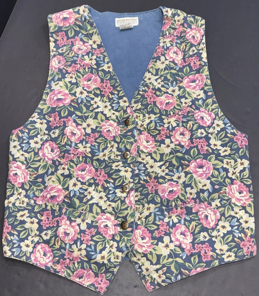 Chaleco Jean Vintage Banana Republic Safari & Travel Floral Algodón Denim Estampado M Foto 3 de 4