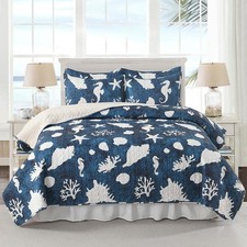 Coastal Quilt Bedding Set Queen Size, Reversible Navy Summer Beach Quilt Ligh...
