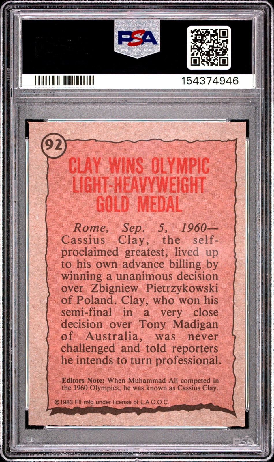 1983 TOPPS HISTORY'S GREATEST OLYMPIANS #92 CASSIUS CLAY PSA 8 view 2