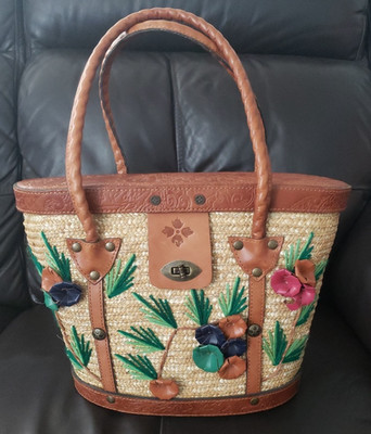 Patricia Nash Levanzo Straw Floral Bag Vintage-Style Satchel Tote Tooled Leather